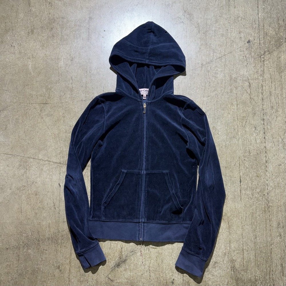 Juicy Couture Hoodie Sweatshirt Womens Small Blue Velour Full Zip Y2K Jacket